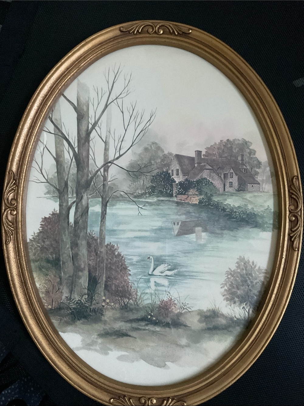 Vintage Homco oval frame watercolor “Cottage Pond” by Frank Massa